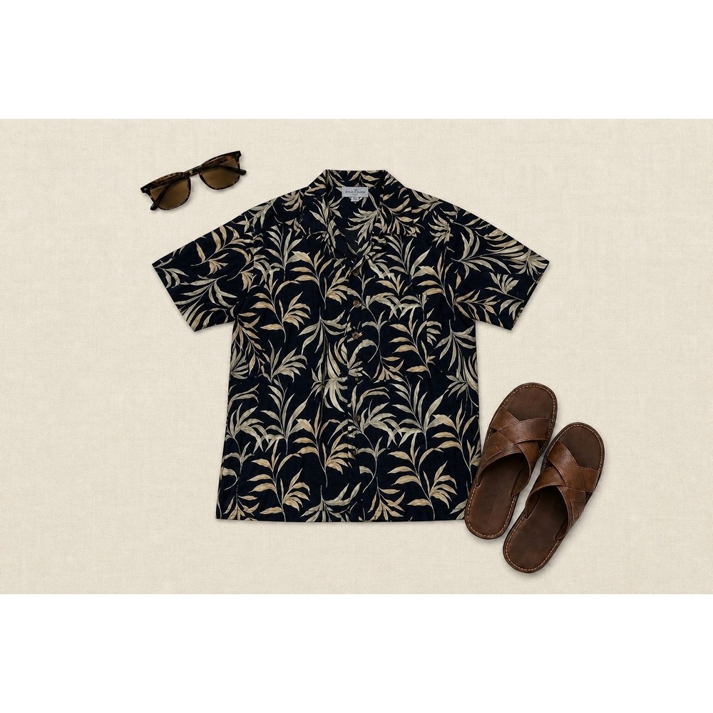 Vintage Tropical Hawaiian Shirt Black Tan Leaf Print Resort Men's XL